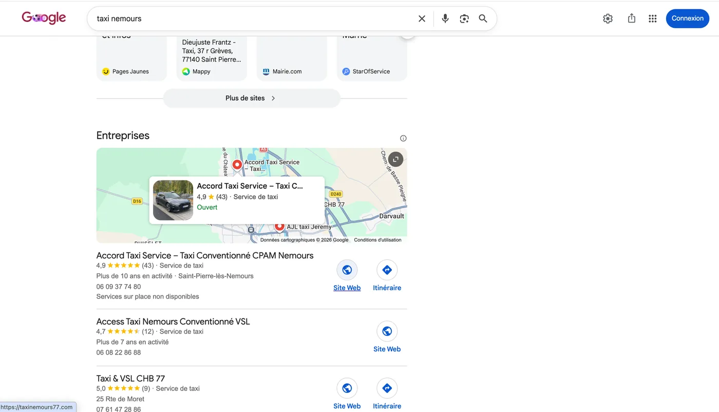 Accord Taxi Service dans le pack local Google pour la recherche « taxi nemours »